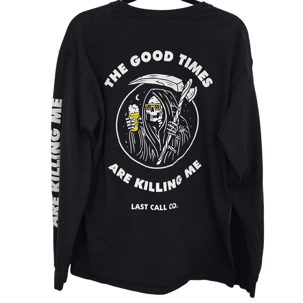 Last Call Co. Grim Reaper Long Sleeve T-Shirt L Black‎ Biker Bar Graphic Tee